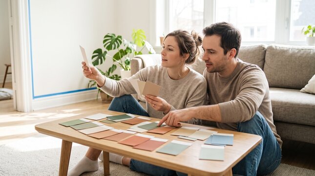 Young couple sitting on the floor together choosing paint color swatches for their new home interior renovation project