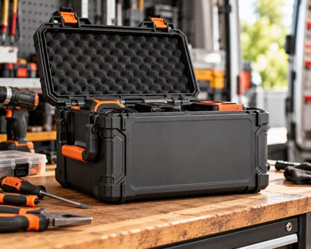 Open Rugged Tool Case on a Workshop Workbench