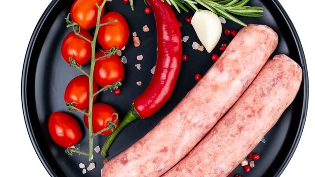 Raw sausages placed on a black plate alongside fresh cherry tomatoes, red chili pepper, garlic cloves, rosemary sprig, and scattered peppercorns and coarse salt.