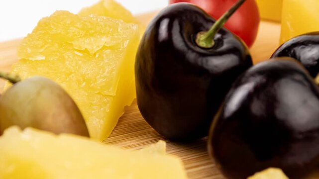 Juicy yellow pineapple chunks placed on a wooden surface accompanied by ripe grapes and dark cherries, showcasing a vibrant assortment of fresh fruits.