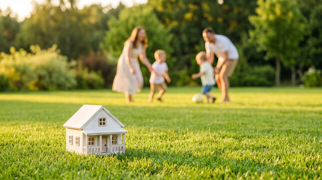 Happy family playing outdoors in the garden with small house model in foreground during golden hour. Concept of real estate, home ownership, family life, and property investment.