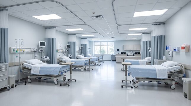 Modern hospital ward interior with empty medical beds, sterile clinical room with monitoring equipment, clean intensive care unit environment