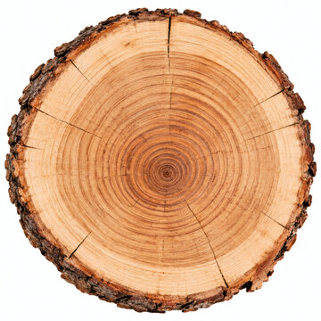 Tree trunk slice with growth rings isolated on white