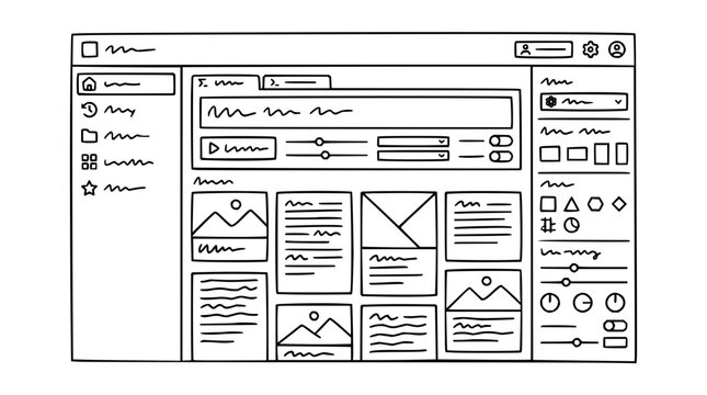 Hand-drawn website dashboard wireframe featuring a layout with image placeholders, text blocks, side navigation menu, and various control settings