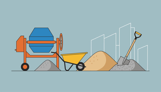 Construction site illustration featuring a concrete mixer, wheelbarrow, and shovel resting in front of urban building silhouettes under construction.