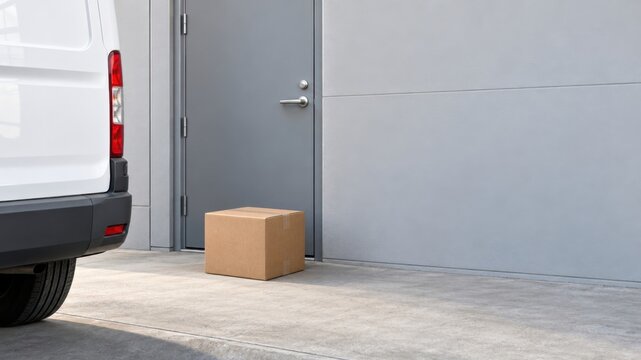 Cardboard package placed beside a service door behind a parked white delivery van