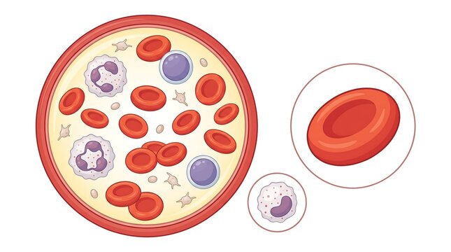 Illustration showing red blood cells and white blood cells in a circular microscopic view.