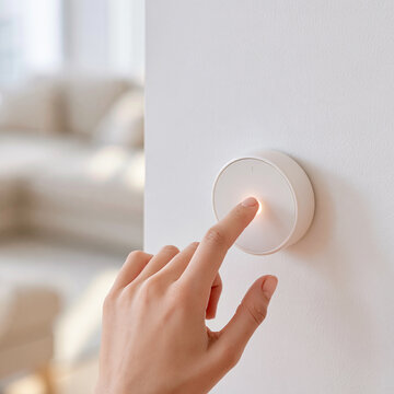 Close Up of Hand Pressing Modern Smart Touch Light Switch on White Wall in Minimalist Home Interior
