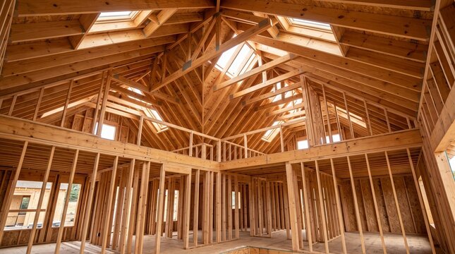 Interior of a new residential house wooden frame construction