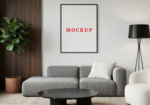 Interior frame mockup template. Modern living room wall art mockup.