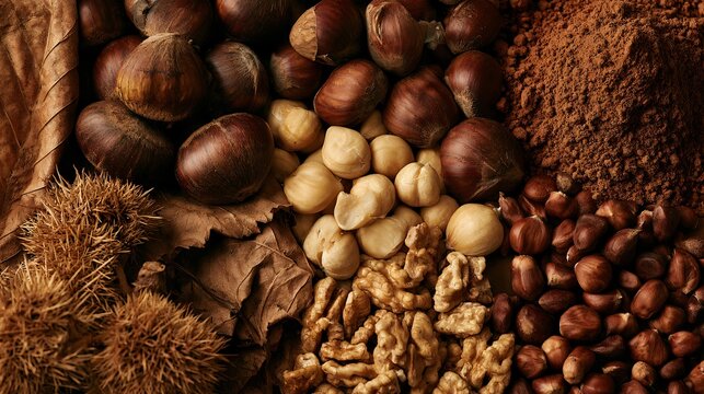 Chestnut shells, peeled kernels, spiny husks, dry leaves, and fine flour form separated material zones in an overhead composition exploring every texture associated with the harvested crop