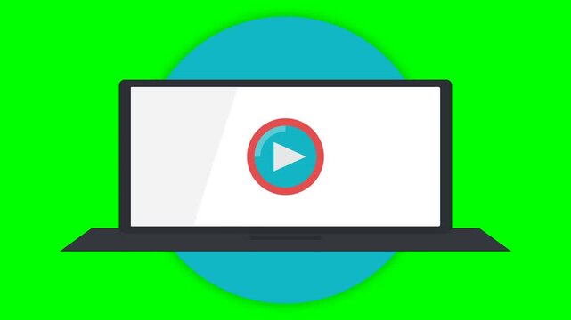 Laptop with video play button on screen flat vector illustration for streaming and media concepts