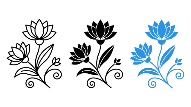 Lotus Flower Vector Icon Set Outline and Silhouette