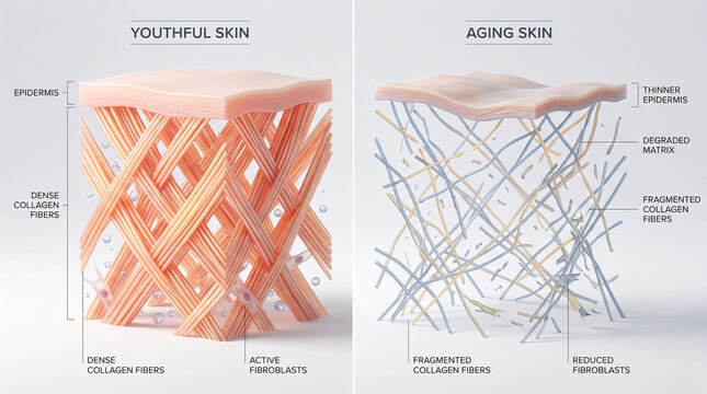 Youthful skin with dense collagen fibers, active fibroblasts, and thick epidermis contrasts with aging skin showing fragmented collagen, reduced fibroblasts, and thinner epidermis