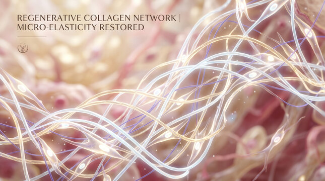 Regenerative collagen network micro elasticity restored glowing fiber skin structure elasticity smooth texture beauty anti aging healthy closeup abstract science