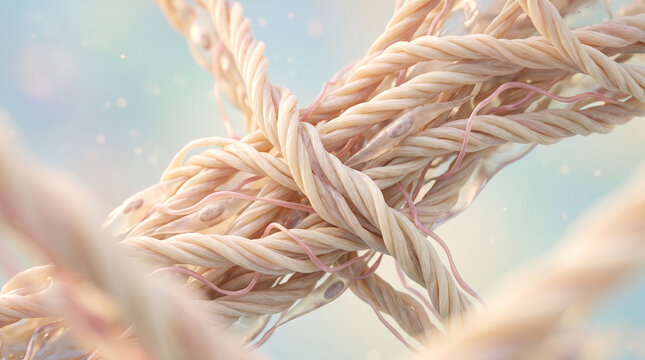 Collagen fiber skin elasticity connective tissue close up healthy structure smooth texture biological microscopic detailed pastel color science medical