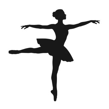 Black Silhouette Of Elegant Ballerina Dancer In Arabesque Pose Isolated On White Background