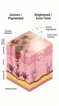 Uneven skin tone excess melanin active ingredients even tone surface melanocytes epidermis dermis hypodermis skin structure dermatology anti aging medical science
