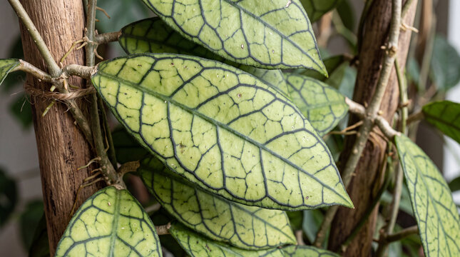 Macro photograph of Hoya callistophylla leaves highlighting distinct dark green reticulate map-like vein patterns on light green foliage