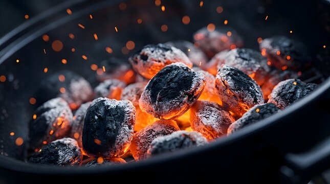 Close up of glowing red hot charcoal briquettes burning inside a barbecue grill with flying sparks and embers, intense heat background for outdoor cooking, summer party and culinary preparation.