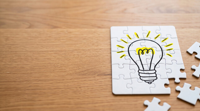 Jigsaw puzzle with a glowing lightbulb drawing on a wooden table representing new ideas and problem solving