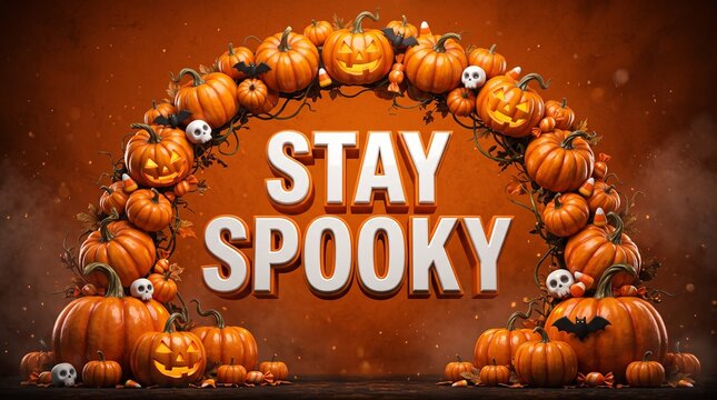 Festive halloween background featuring stay spooky 3d typography surrounded by a decorative arch of carved pumpkins