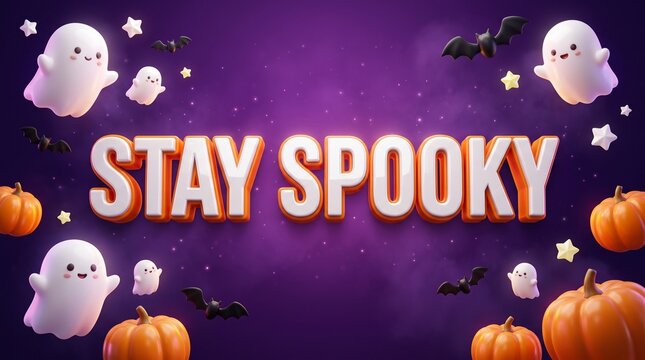 Festive halloween background featuring stay spooky 3d typography with cute ghosts and orange pumpkins on purple