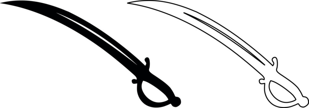 Isolated black and white pirate cutlass sword icons ready for action in nautical designs.
