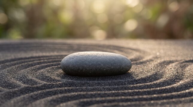 Single smooth grey zen stone resting on raked black sand pattern with warm sunlight background