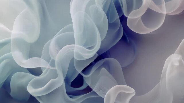 Cold 4K animation of flying silk in blue-gray tones. Fluid wave-like motions of translucent material with macro texture. Elegant background for tech design and media art