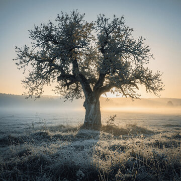 Solitary Bare Tree in a Frost-Covered Meadow at Golden Winter Sunrise