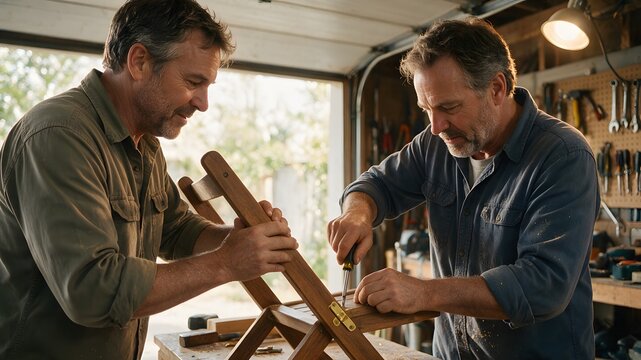 Two Men Assembling Wooden Furniture in Workshop