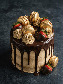 Chocolate Drip Cake Decorated with Gold Macarons, Strawberries, and Frosting Swirls