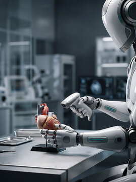 Humanoid robot examining an anatomical heart model in a laboratory