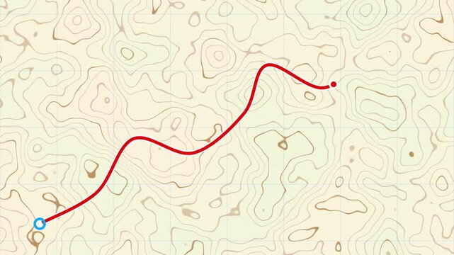 Hiking map GPS route seamless loop topographic contours red path pin trail a red route draws across a beige terrain map to a location marker for travel promos outdoor brands and presentations