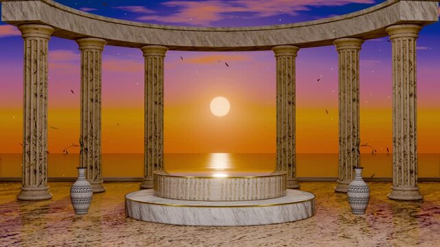 Greek columns podium seamless loop sunset marble colonnade sea product stage a stone pedestal stands in a ring of pillars at dusk for product showcases cosmetics ads ecommerce banners and brand promos