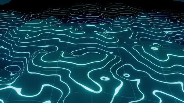Topographic terrain seamless loop glowing cyan contour lines dark tech map elevation lines ripple across a digital landscape for travel promos outdoor brands presentations and tech intros