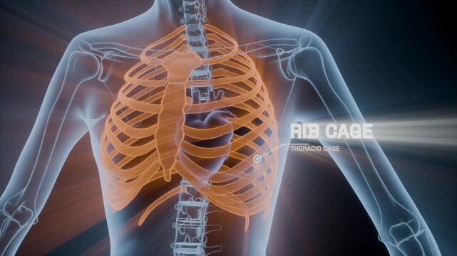 Rib cage xray seamless loop medical anatomy callout glowing orange bones chest the ribs glow in a transparent blue torso with a label for medical education clinic promos health apps and presentations