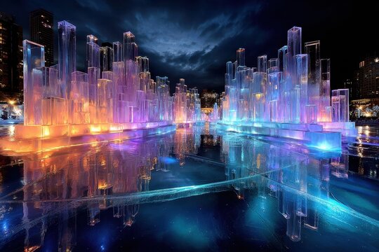 Glowing Ice Cityscape at Night with Reflections