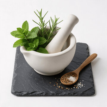 Ceramic Mortar and Pestle with Fresh Rosemary, Mint, and Coarse Sea Salt