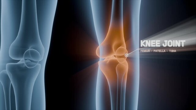 Knee joint xray seamless loop medical anatomy callout glowing orange bones leg the joint glows in a transparent blue leg with a label for medical education clinic promos health apps and presentations