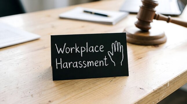 Workplace harassment sign with stop hand drawing next to wooden gavel on desk, employment law, discrimination, hostile work environment and sexual harassment legal concept