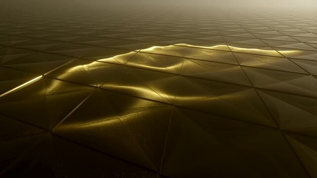 Abstract Golden Geometric Surface Featuring Glowing Light Wave And Dynamic Triangular Pattern Design