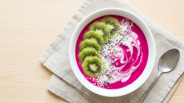 Top view of bright pink dragon fruit smoothie bowl topped with fresh kiwi slices and coconut flakes on wooden table
