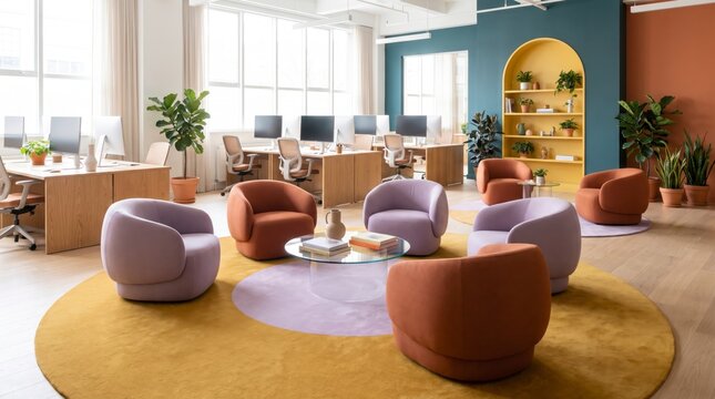 Vibrant office lounge with terracotta and lavender armchairs, yellow arched bookshelf and round rugs