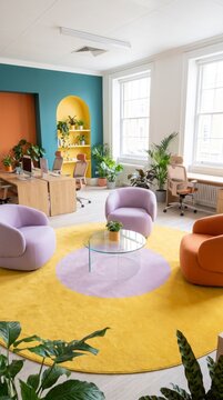 Relaxed breakout area in bright office with yellow rug, lavender armchair, glass table and plants