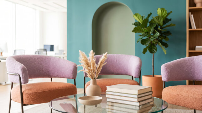 Cozy lounge seating with lavender boucle armchairs, pampas vase, glass table and sage arch niche