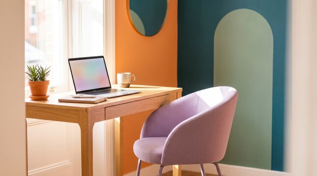 Productive window desk with laptop, coffee mug, succulent and lavender chair on orange wall
