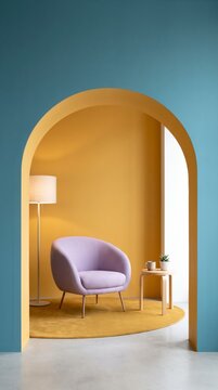 Secluded relaxation corner seen through mustard archway with lavender armchair and floor lamp