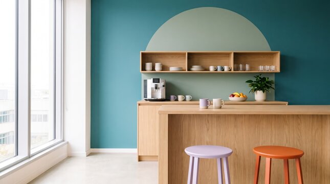 Modern office kitchenette with coffee machine, oak shelves, lavender and orange stools and teal wall